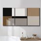 Three-panel canvas wall art featuring geometric abstract centerpoint composition, displayed in a bathroom above a bathtub.