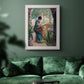 Impressionist portrait of Madame Monet sewing by Claude Monet in an ornate weathered white frame displayed in a dark-toned interior setting.