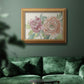 Modern peony floral drawing in an ornate antique gold frame displayed in a dark-toned interior setting.