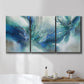 Three-panel canvas wall art featuring subtle abstract light flicker composition, displayed in a bathroom above a bathtub.