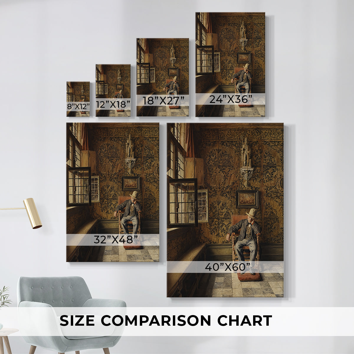 Size comparison chart for canvas art prints, showing multiple size options.