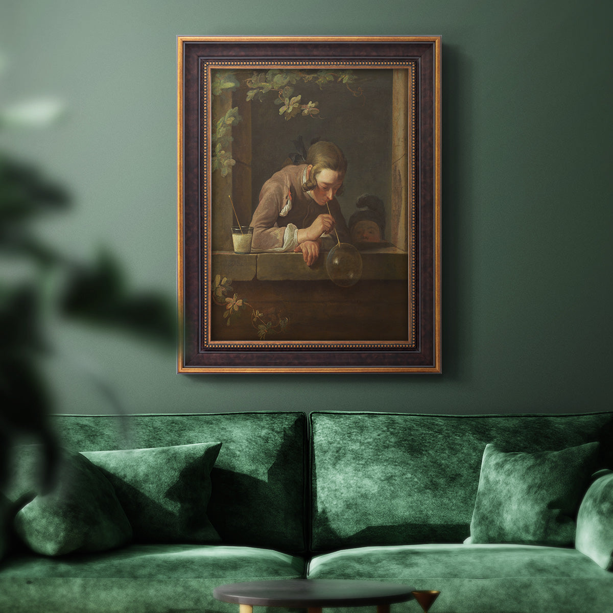 Classical genre painting of a child blowing soap bubbles by Jean-Siméon Chardin in an ornate bronzed mahogany wood frame displayed in a dark-toned interior setting.