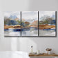 Three-panel canvas wall art featuring layered abstract mountain forms, displayed in a bathroom above a bathtub.