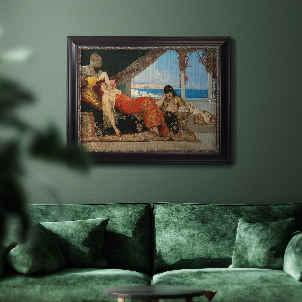 Orientalist portrait scene by Jean-Joseph Benjamin-Constant in an ornate black frame with gilded inner detail displayed in a dark-toned interior setting.
