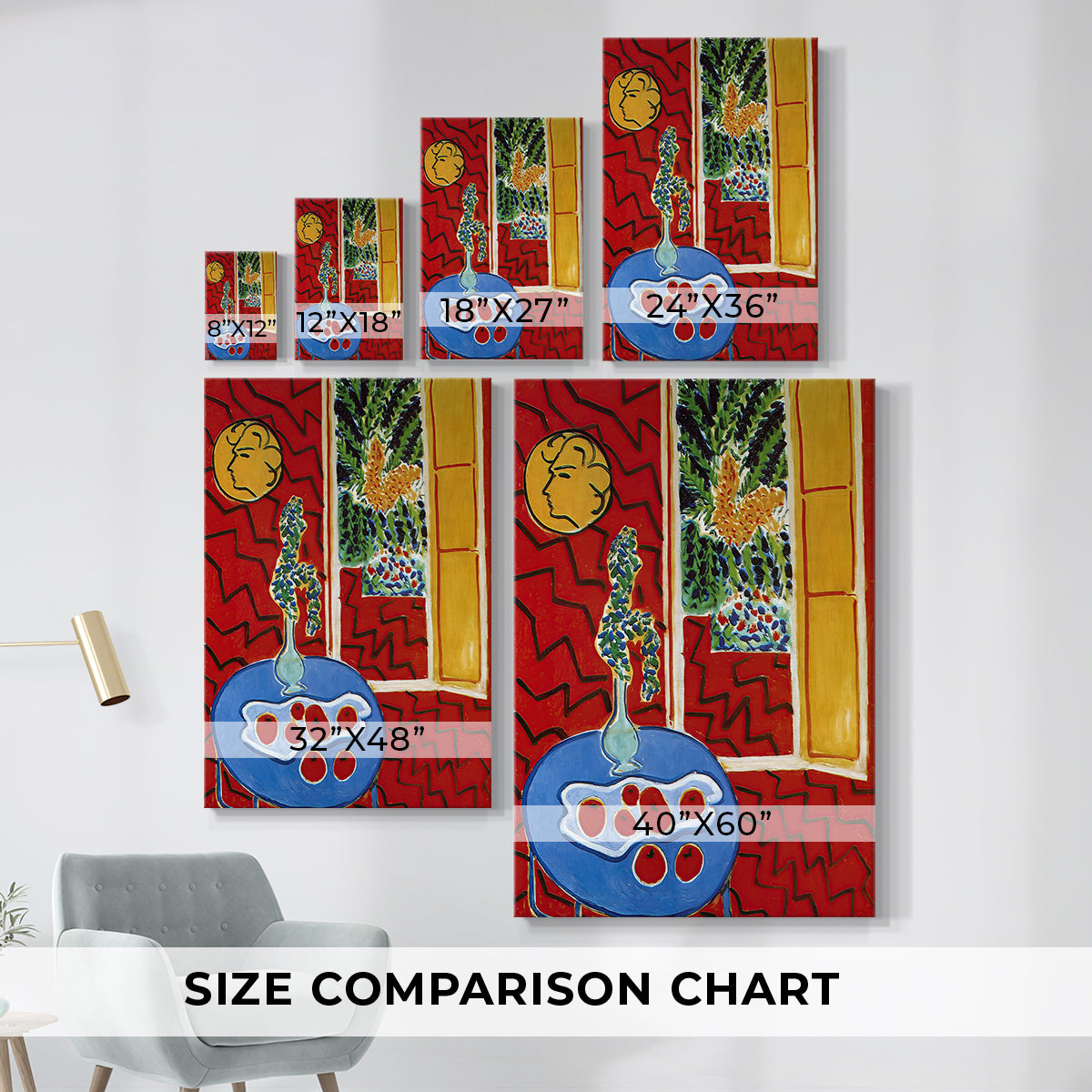 Size comparison chart for canvas art prints, showing multiple size options.