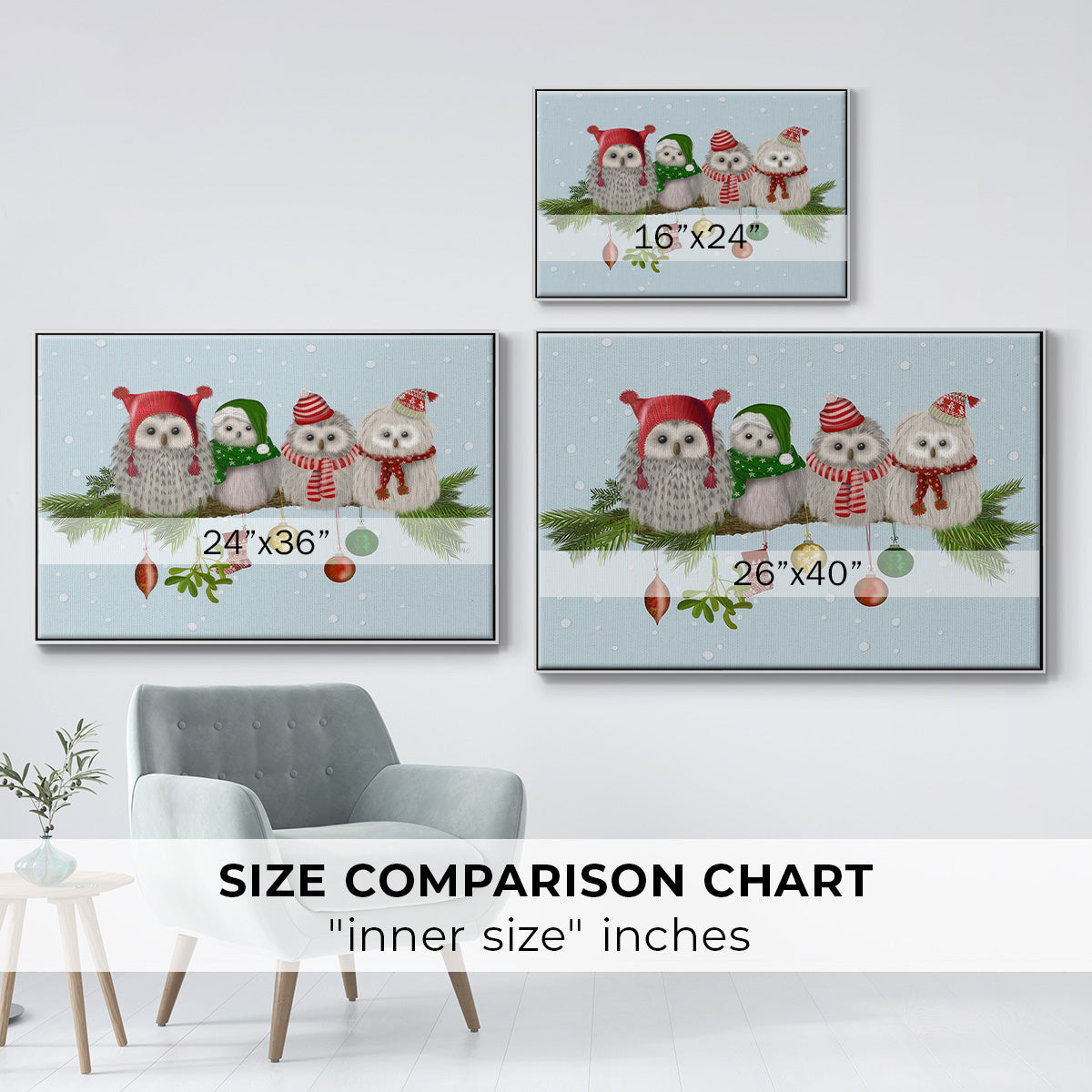 Christmas Fluffy Christmas Owls on Branch - Framed Gallery Wrapped Canvas in Floating Frame