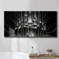 Three-panel canvas wall art featuring vintage city scene with figures, displayed in a bathroom above a bathtub.