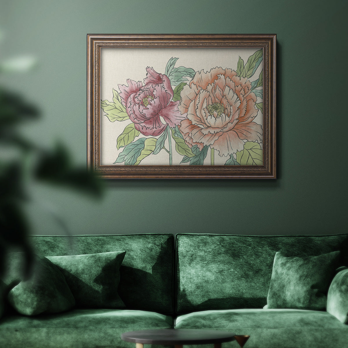 Modern peony floral drawing in an ornate traditional bronze frame displayed in a dark-toned interior setting.