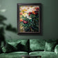 Impressionist garden floral painting by Gustave Caillebotte in an ornate black frame with gilded inner detail displayed in a dark-toned interior setting.