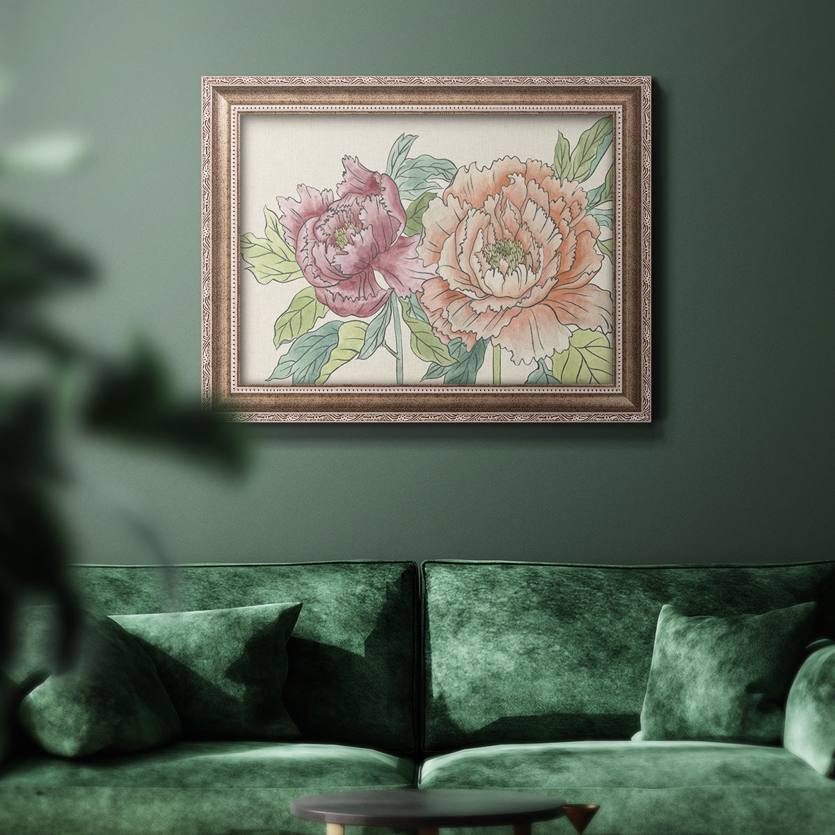 Modern peony floral drawing in an ornate traditional silver frame displayed in a dark-toned interior setting.