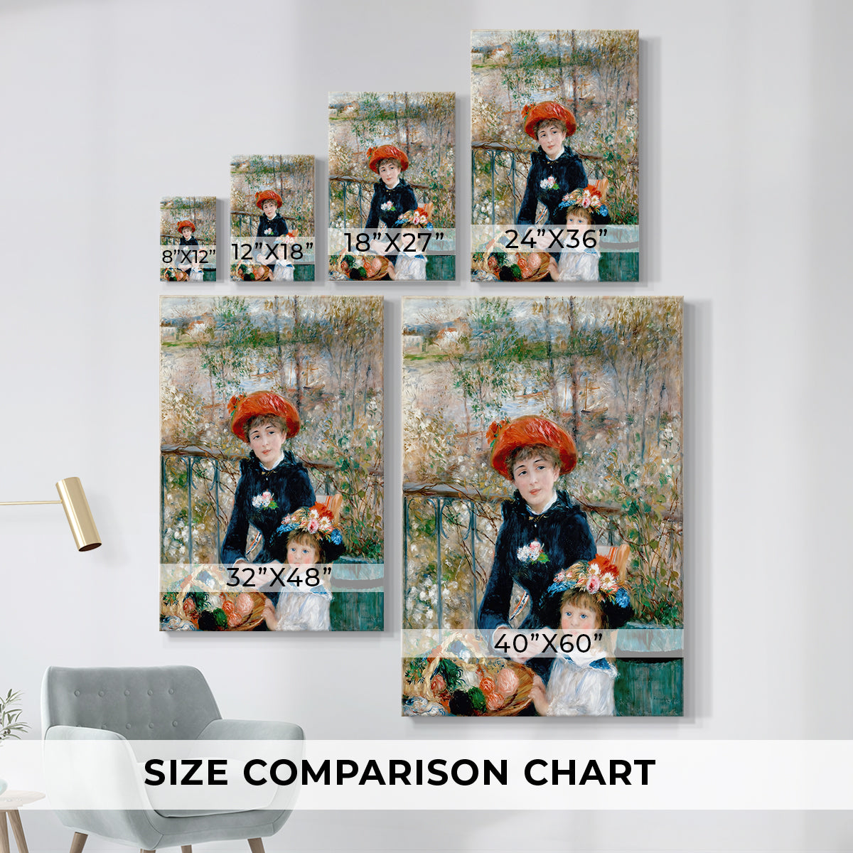 Size comparison chart for canvas art prints, showing multiple size options.