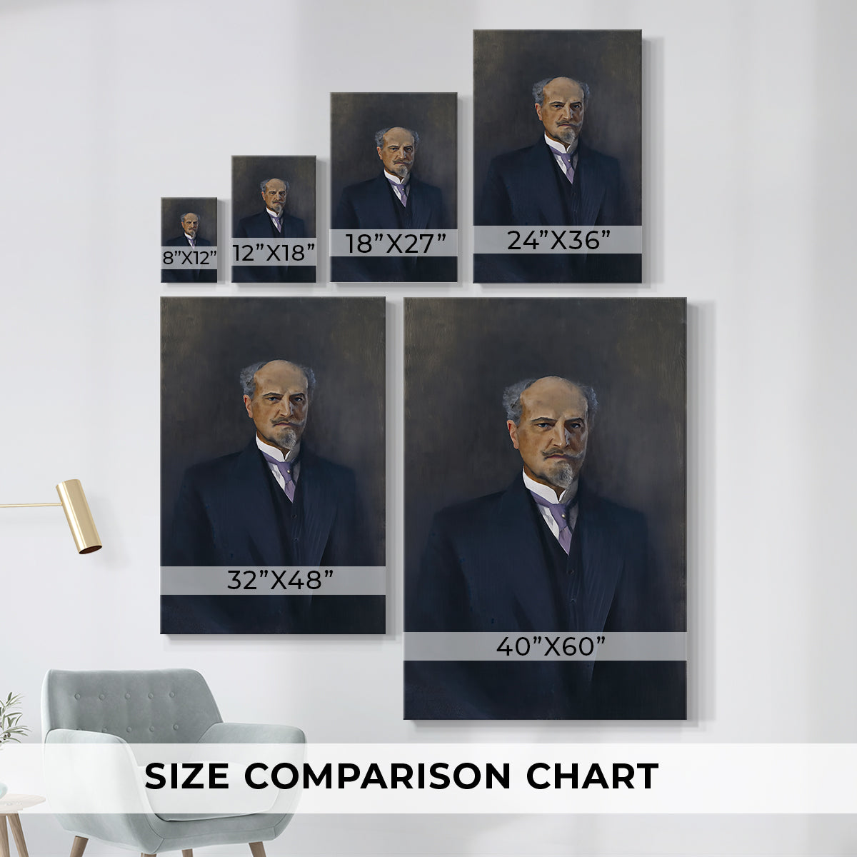 Size comparison chart for canvas art prints, showing multiple size options.