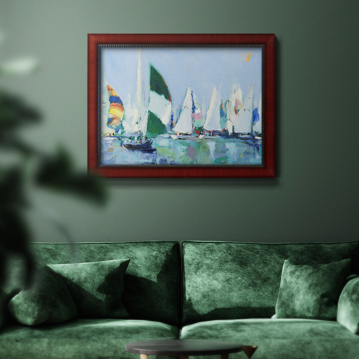 Coastal harbor watercolor painting in an ornate cherry burl wood frame displayed in a dark-toned interior setting.