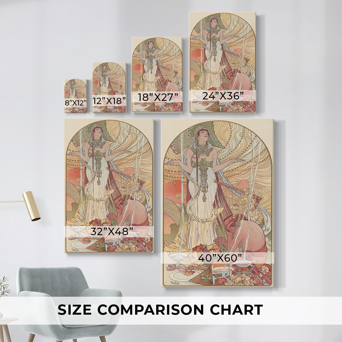 Size comparison chart for canvas art prints, showing multiple size options.