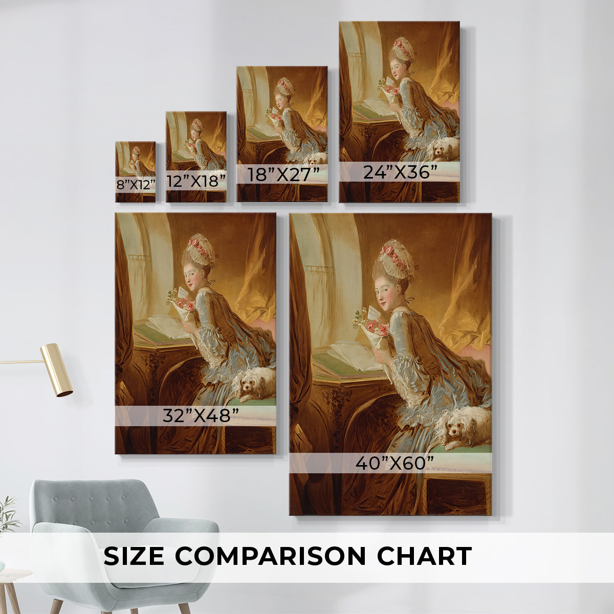 Size comparison chart for canvas art prints, showing multiple size options.