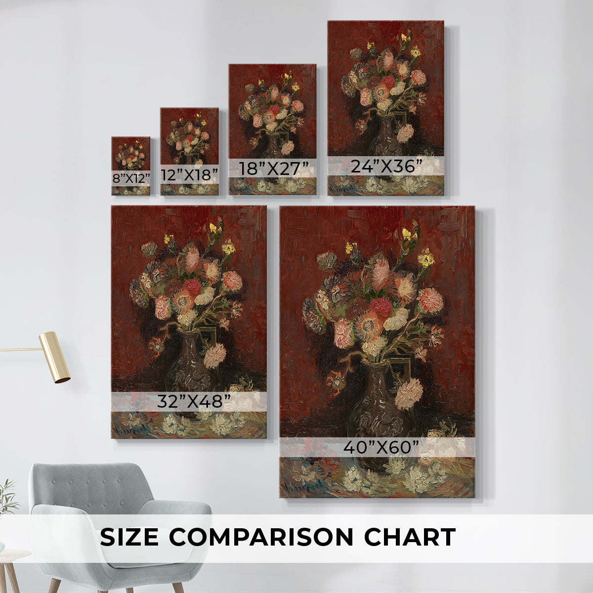 Size comparison chart for canvas art prints, showing multiple size options.