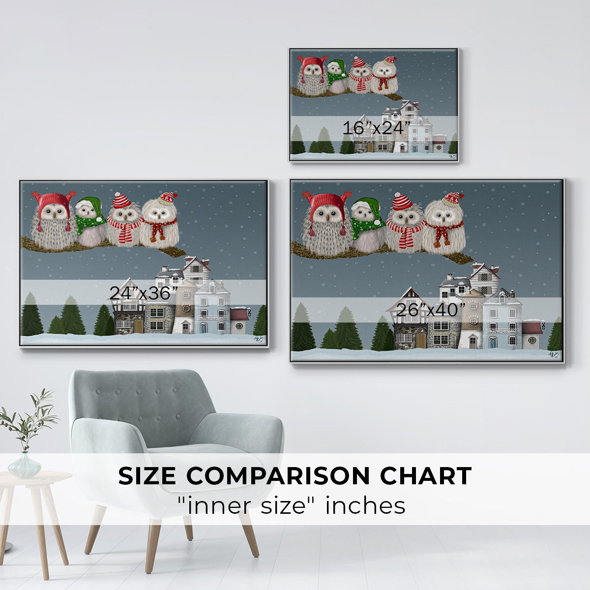 Christmas Christmas Owl Village - Framed Gallery Wrapped Canvas in Floating Frame