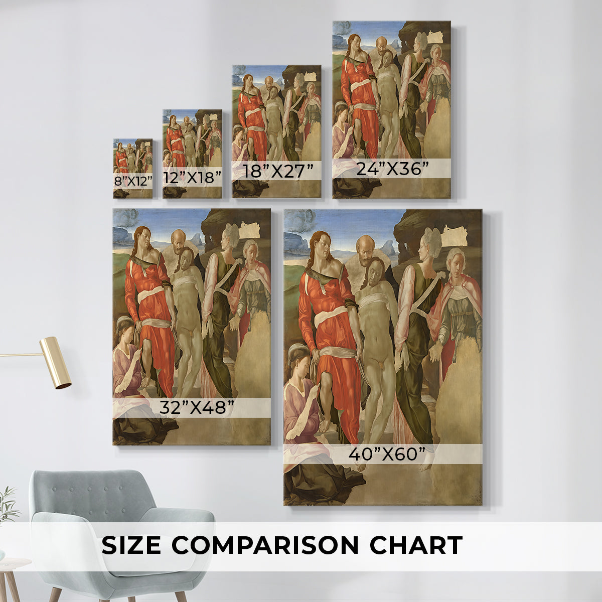 Size comparison chart for canvas art prints, showing multiple size options.
