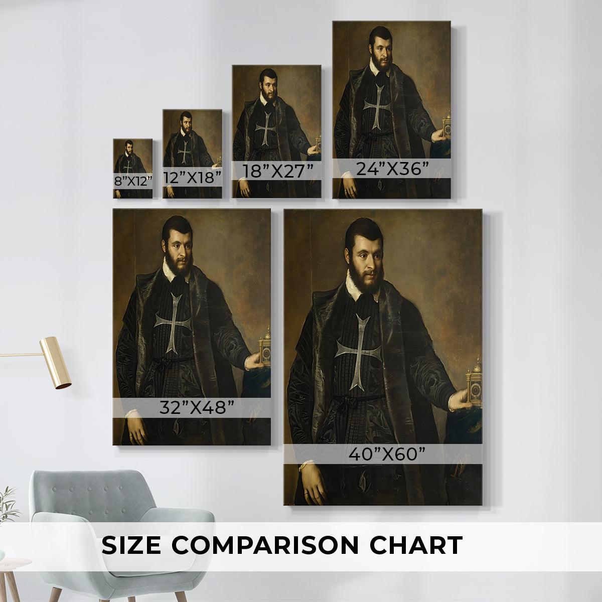 Size comparison chart for canvas art prints, showing multiple size options.
