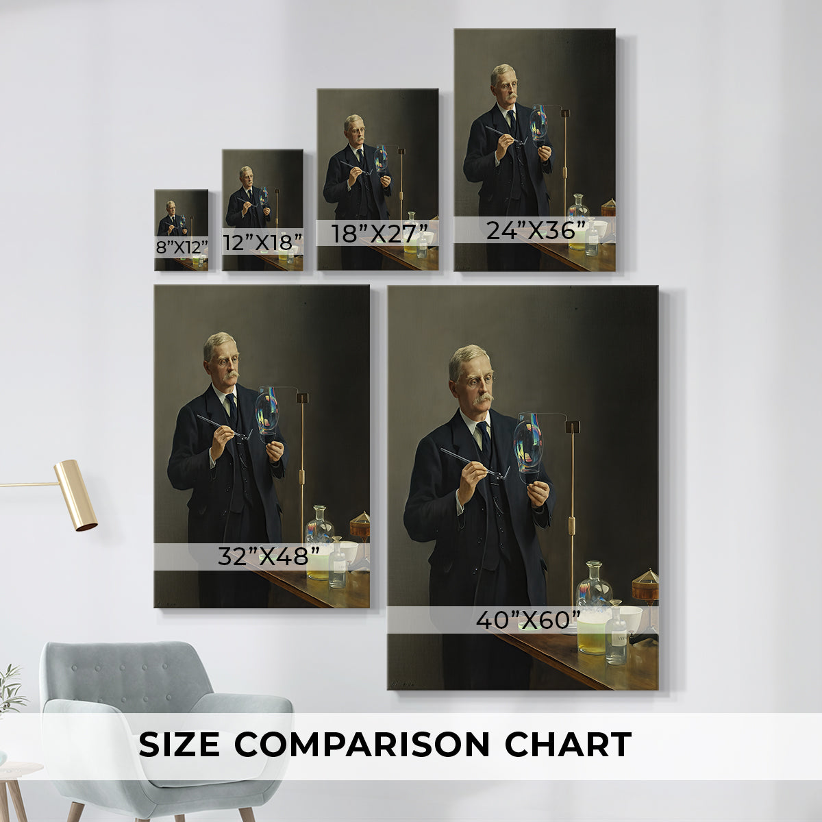 Size comparison chart for canvas art prints, showing multiple size options.