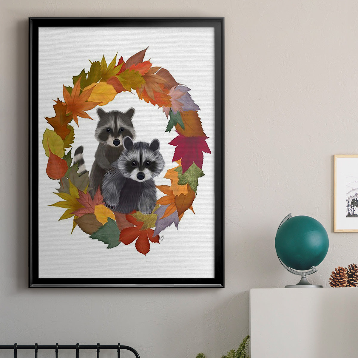 Raccoons Autumn Leaf Wreath - Modern Framed Canvas Print