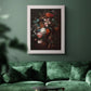 Classical floral still life painting by Jan van Huysum in an ornate weathered white frame displayed in a dark-toned interior setting.