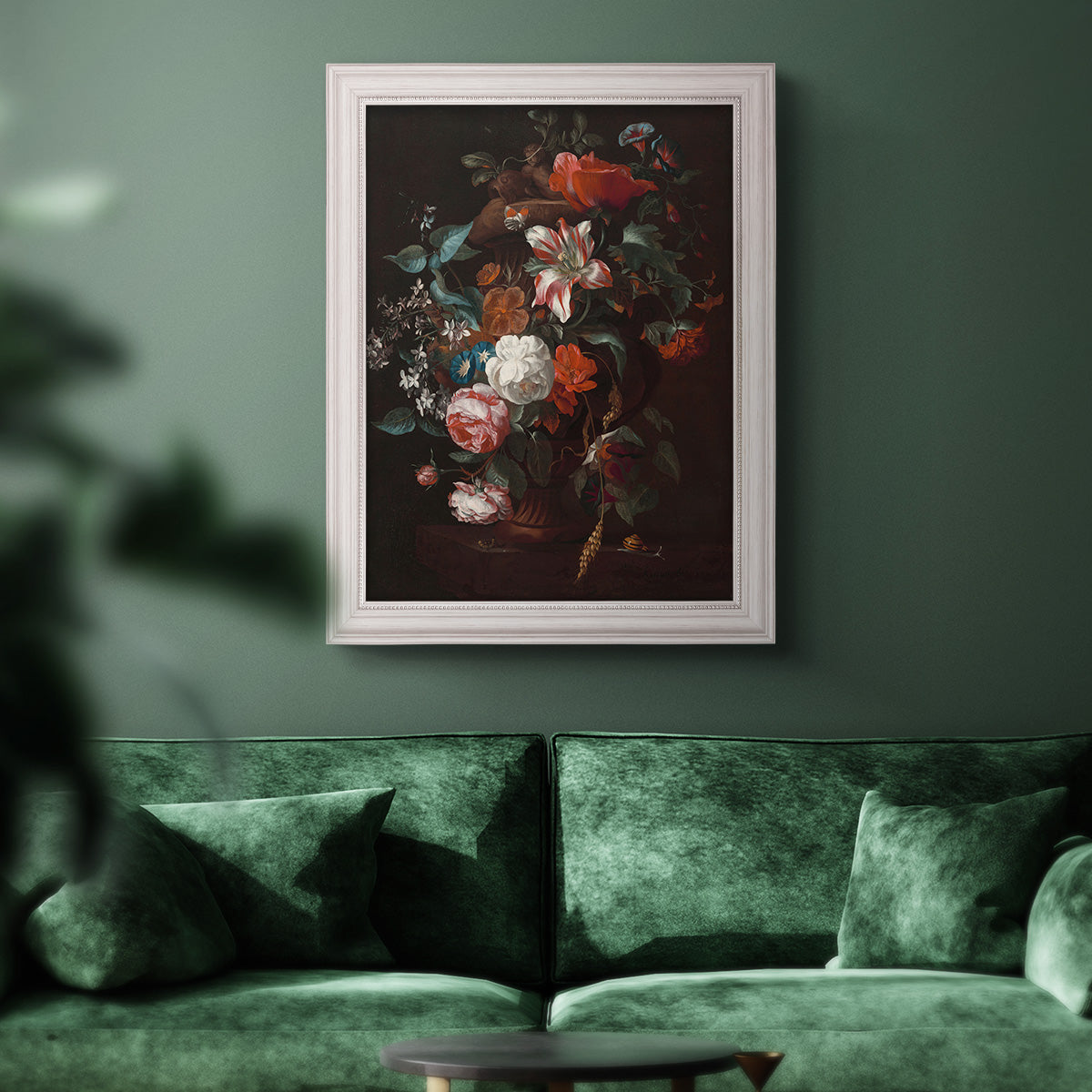 Classical floral still life painting by Jan van Huysum in an ornate weathered white frame displayed in a dark-toned interior setting.