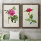 Set of two walnut barnwood framed canvas prints depicting a coordinated art pair of pink flowering plant specimens rendered as vintage botanical plate illustrations above a sofa in a modern living room.