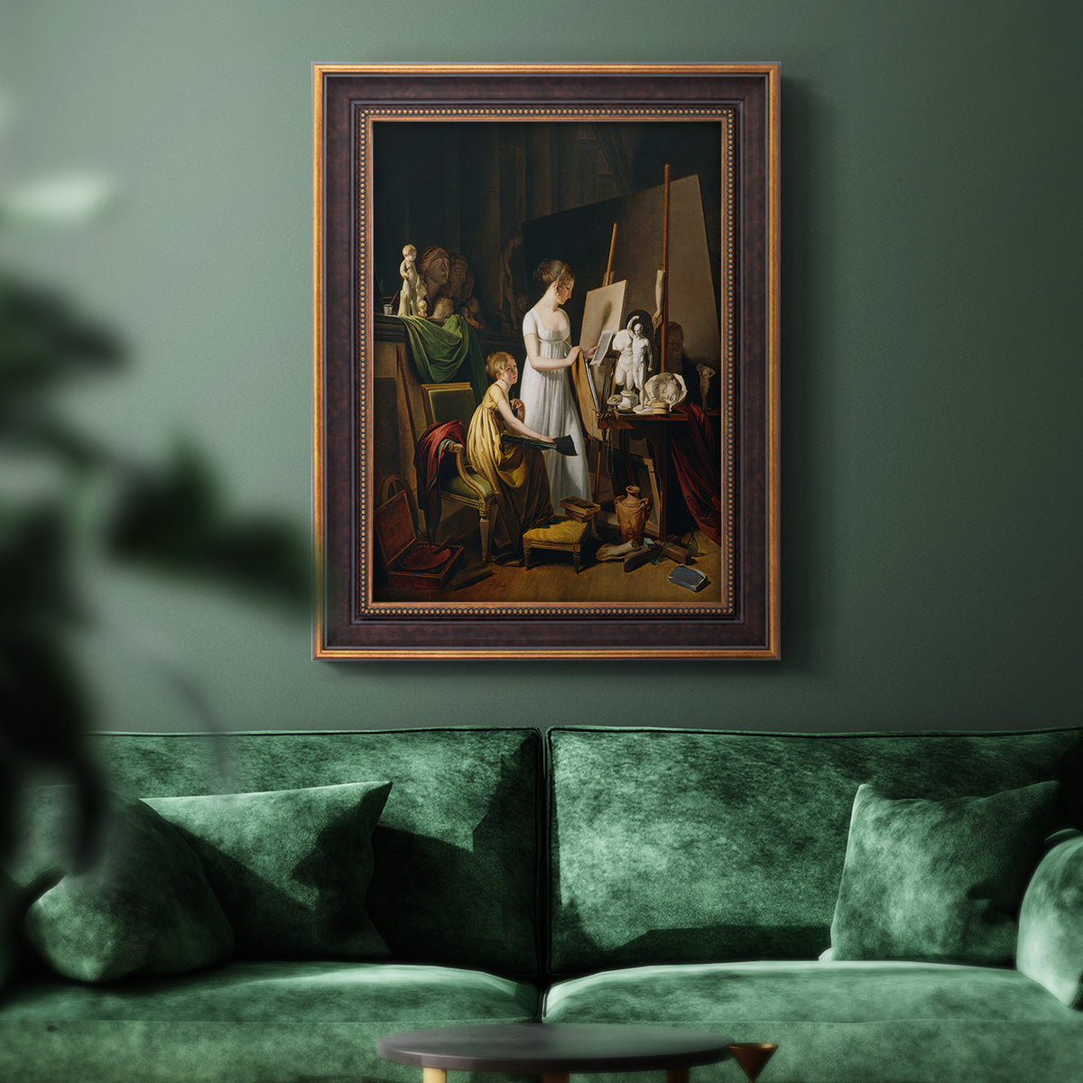 Classical interior painting of an artist at work by Louis-Leopold Boilly in an ornate bronzed mahogany wood frame displayed in a dark-toned interior setting.