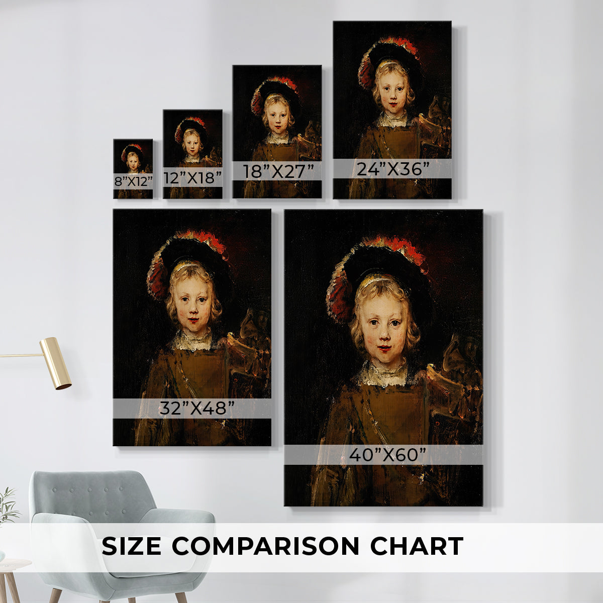 Size comparison chart for canvas art prints, showing multiple size options.