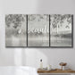 Three-panel canvas wall art featuring uplifting life themed typography, displayed in a bathroom above a bathtub.