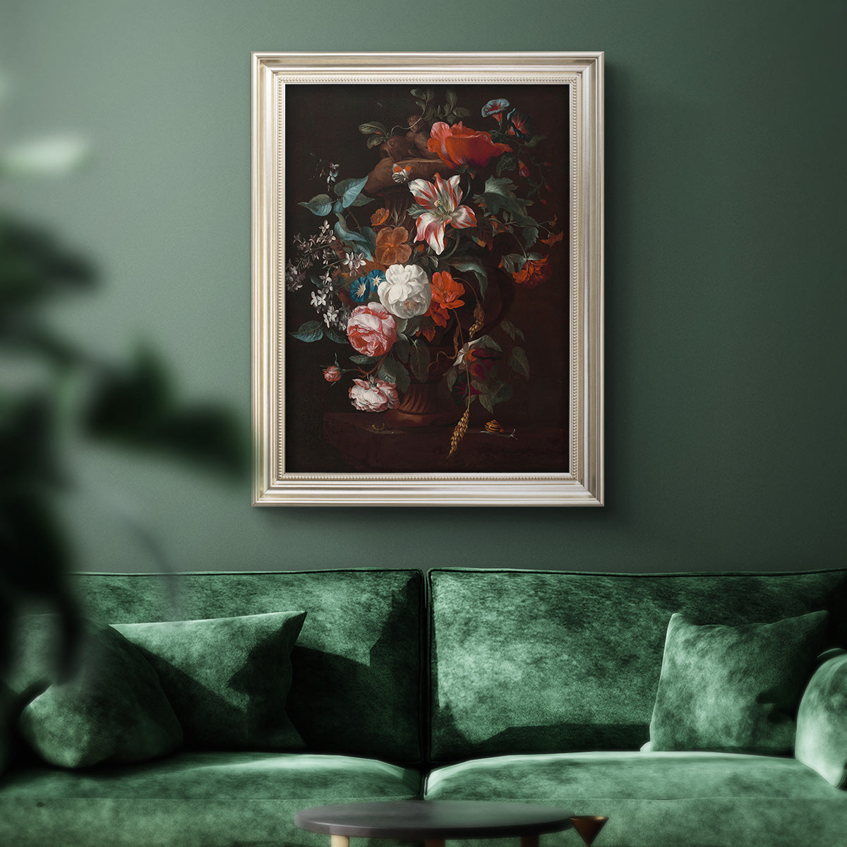 Classical floral still life painting by Jan van Huysum in an ornate champagne frame displayed in a dark-toned interior setting.