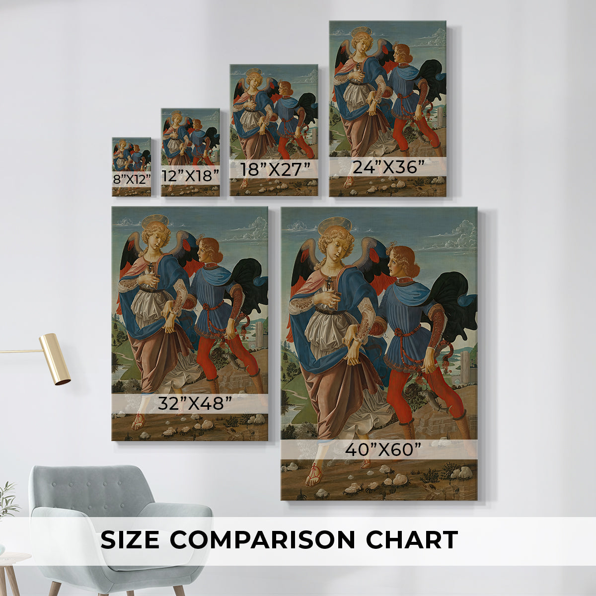 Size comparison chart for canvas art prints, showing multiple size options.