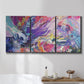 Three-panel canvas wall art featuring expressive abstract with layered color, displayed in a bathroom above a bathtub.