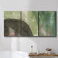 Three-panel canvas wall art featuring layered green abstract composition, displayed in a bathroom above a bathtub.