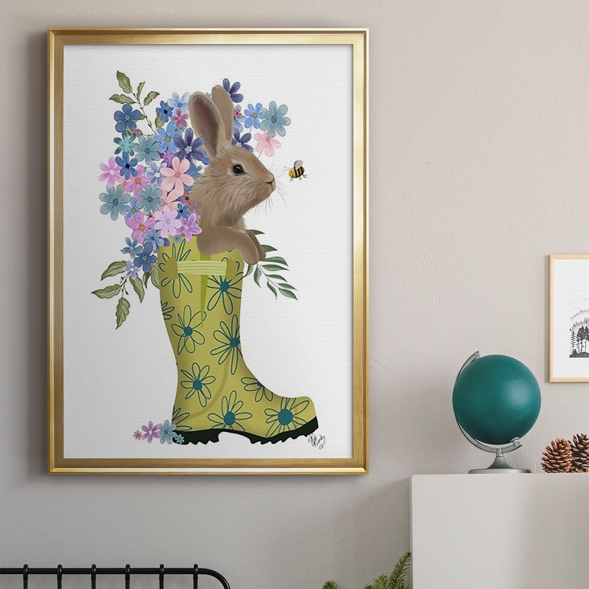 Welly Bunny And Bee - Modern Framed Canvas Print