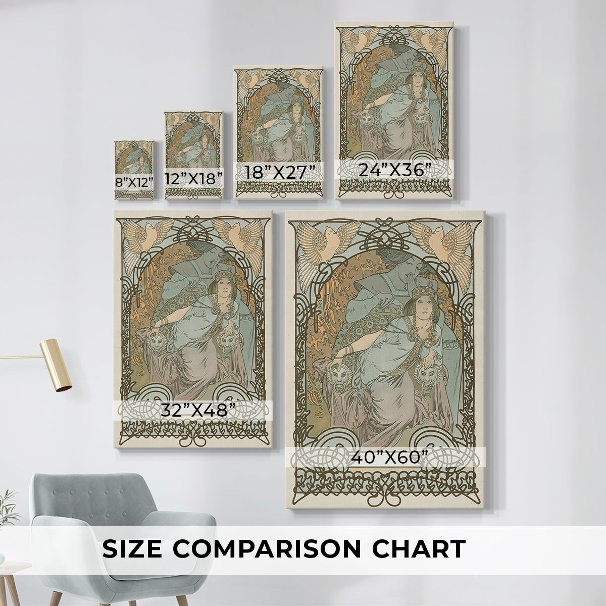 Size comparison chart for canvas art prints, showing multiple size options.