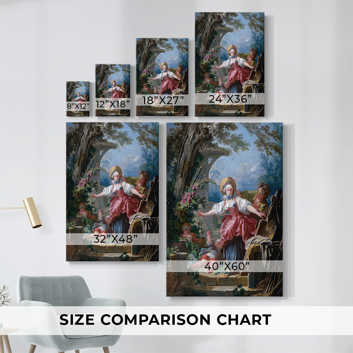 Size comparison chart for canvas art prints, showing multiple size options.