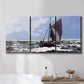 Three-panel canvas wall art featuring stormy sea with crashing waves, displayed in a bathroom above a bathtub.