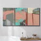 Three-panel canvas wall art featuring layered mid century abstract pathways, displayed in a bathroom above a bathtub.