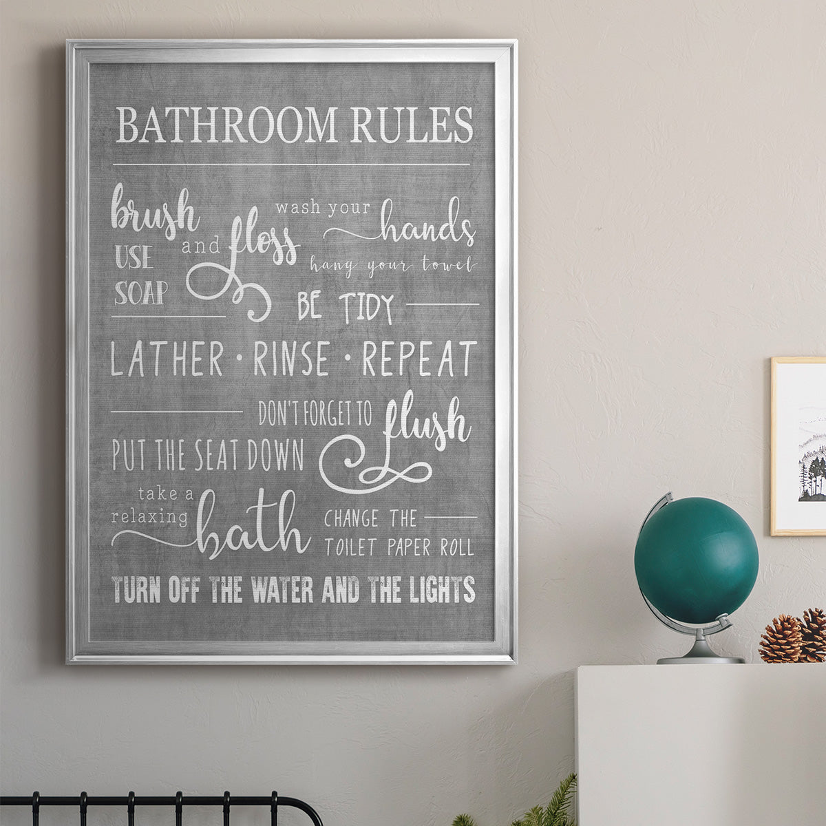 Neutral Bathroom Rules - Modern Framed Canvas Print