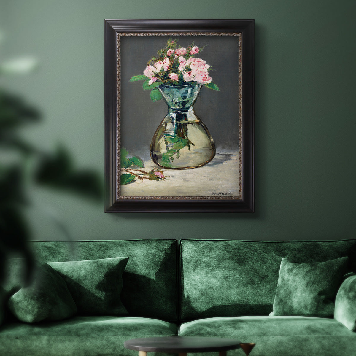 Moss Roses in a Vase - Ornate Framed Canvas Print