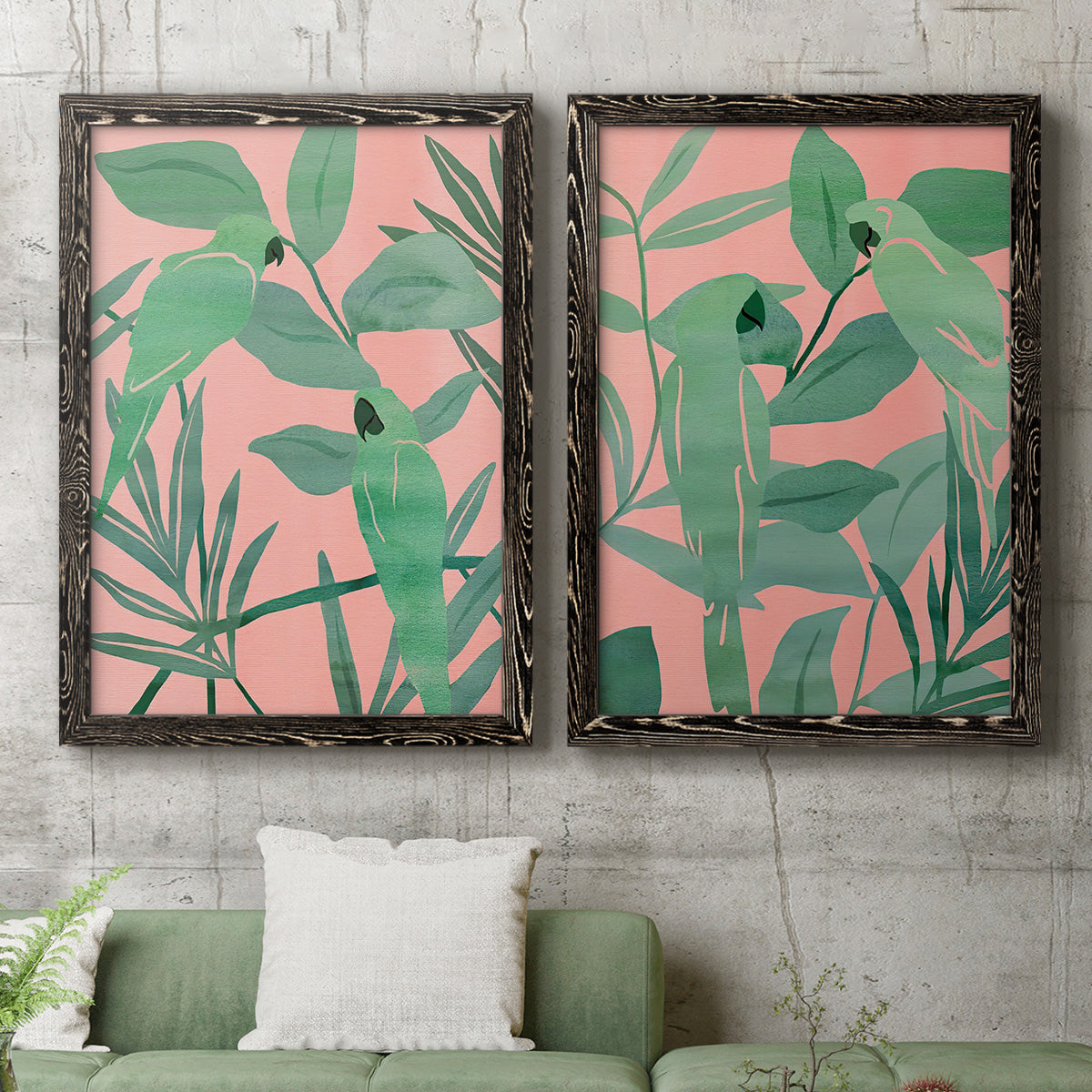 Pink and Green Birds of Paradise I - Premium Framed Canvas 2 Piece Set - Ready to Hang