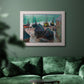 Impressionist coastal beach scene with boats by Claude Monet in an ornate weathered white frame displayed in a dark-toned interior setting.