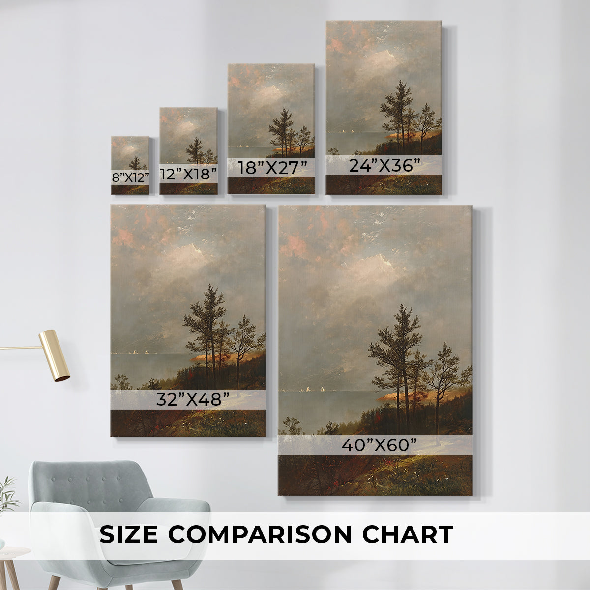 Size comparison chart for canvas art prints, showing multiple size options.