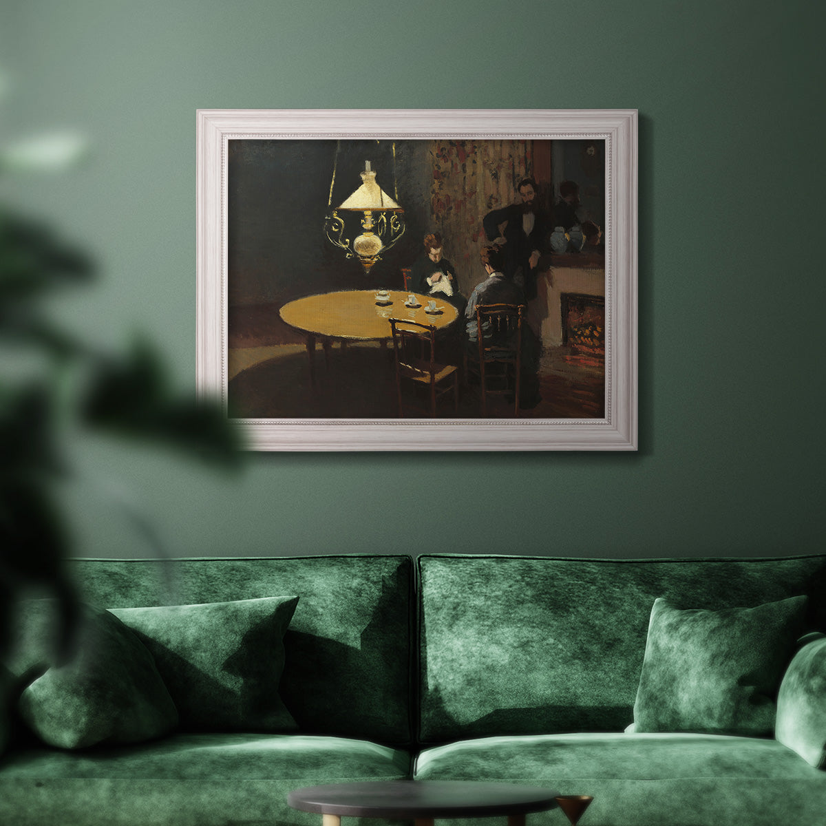 Impressionist domestic interior scene by Claude Monet in an ornate weathered white frame displayed in a dark-toned interior setting.
