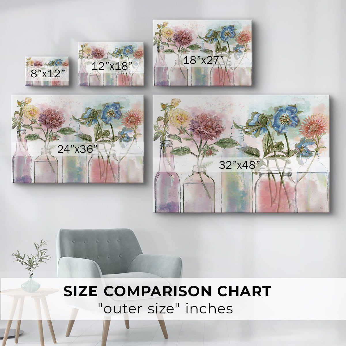 flowers,jars,glass,floral arrangements,colorful,blooms,greenery,display,nature,daylight,vibrant colors,spring,decoration,garden,creativity,water,botanical,petals,soft background,artistry,still life,pink,blue,yellow,green,home decor,craft,arrangement,beauty,freshness,ornamental,seasonal,vivid,joyful,aesthetic,handpicked,celebration,nature inspired,tranquility