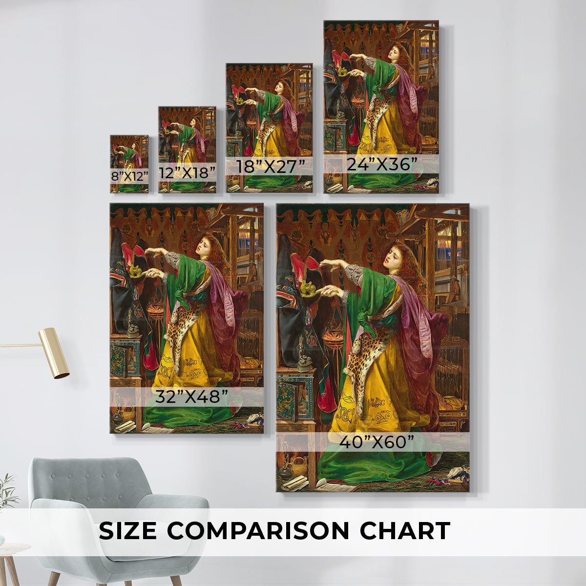 Size comparison chart for canvas art prints, showing multiple size options.