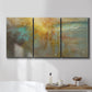 Three-panel canvas wall art featuring muted abstract river inspired tones, displayed in a bathroom above a bathtub.