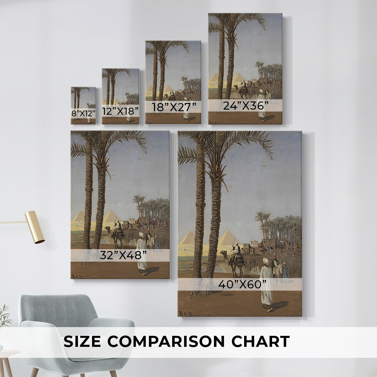 Size comparison chart for canvas art prints, showing multiple size options.